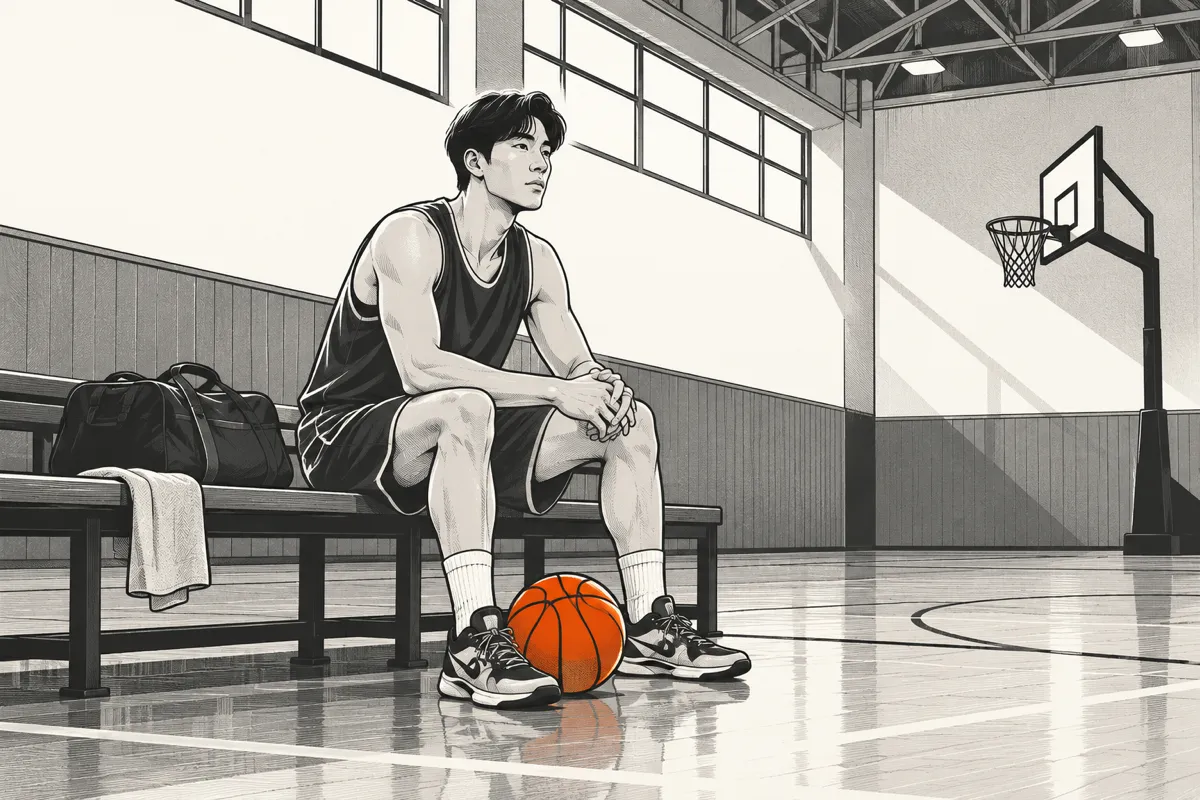 誰もいない練習体育館のベンチに座るイ・ヒョンジュンのイラスト