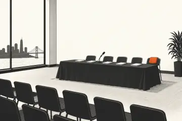 空の会議テーブルに書類とマイクが置かれた静かな部屋