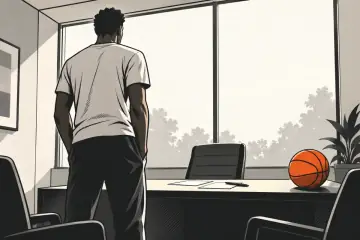 フロントオフィスの机の前に立つ選手の後ろ姿