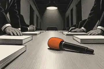 薄暗い会議室で法的書類が並ぶテーブルに置かれた手元
