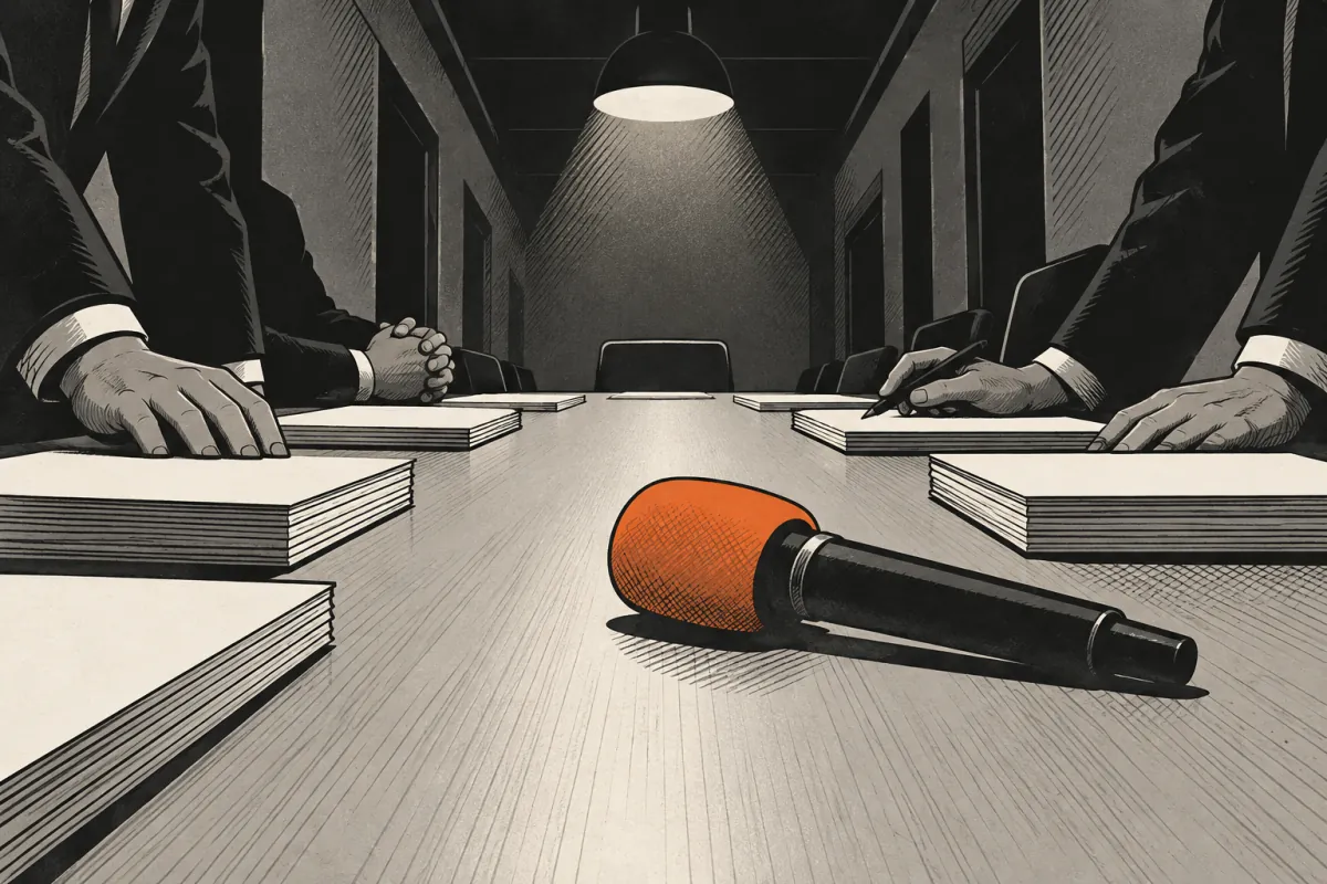 薄暗い会議室で法的書類が並ぶテーブルに置かれた手元
