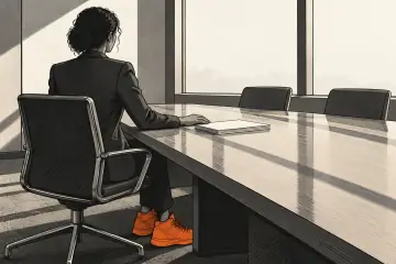 会議テーブルに座るジーニー・バスの後ろ姿