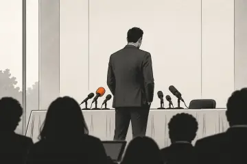 記者会見で語るパトリック・デュモントの後ろ姿