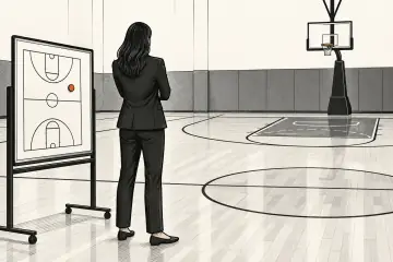 コート脇に立つ女性の後ろ姿と戦術ボード
