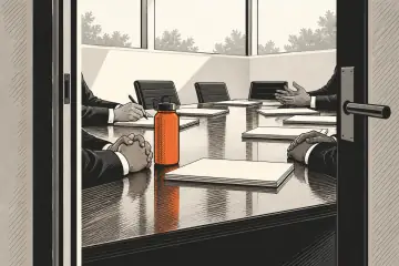 会議室のテーブルに並ぶ書類と幹部たちの手元