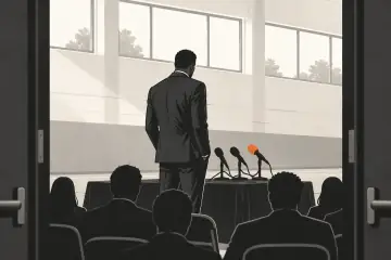 記者会見で語るアダム・シルバーの後ろ姿