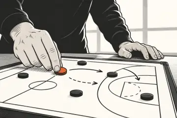 戦術ボード上のマグネットを動かす手元のクローズアップ