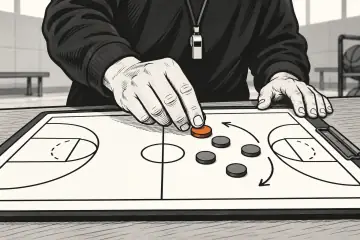 戦術ボード上のマグネットを動かすコーチの手元