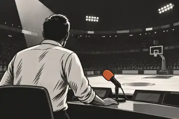 TV実況席に立つデマーズの後ろ姿