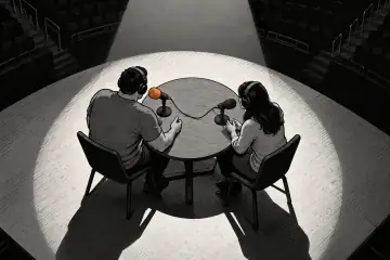 ポッドキャストで向かい合う二人の後ろ姿