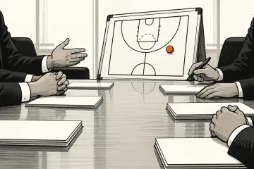 会議テーブルに並ぶ書類と戦術ボードの丸マグネット