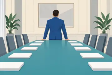 会議室で予算を語るオーナーの後ろ姿