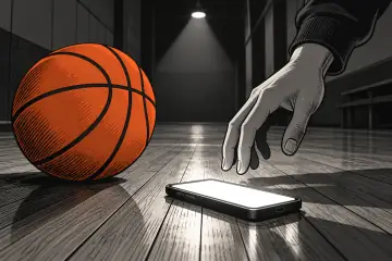 コート床に置かれたスマートフォンとバスケットボール