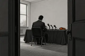 記者会見で語るフェルナンデスの後ろ姿