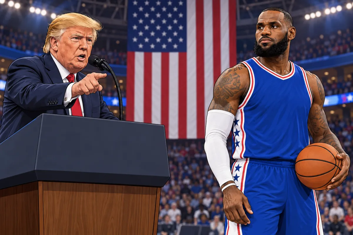 演台で語るトランプ大統領と、ボールを手にしたレブロン・ジェームズ
