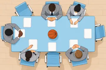 真上から見た会議テーブル、空席と残った関係者の手元
